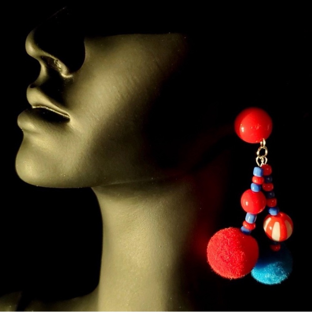 Red and Blue Pom Pom Bead Drop Earrings